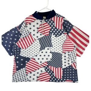 Vintage USA Flag Patchwork Polo Shirt Men's 3XL Cotton Short Sleeve Button
